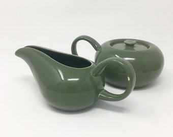 Russel Wright, Creamer and Sugar Bowl, Cedar Green, American Modern, Steubenville Pottery, circa 1950