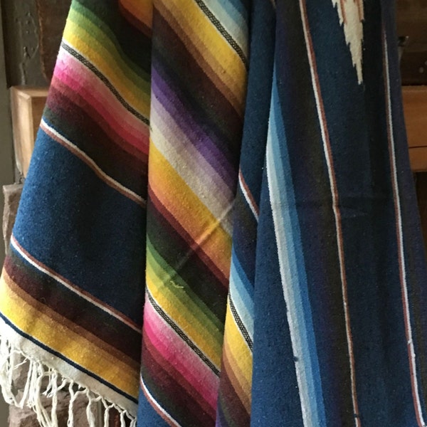 Reserved Gregory Large Wool Vintage Saltillo Serape Blanket Earthy Midnight Indigo Colors with Braided Fringe