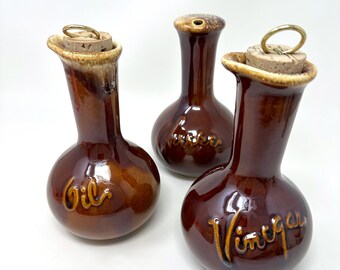 Hull Pottery, Brown Drip, Oil, Vinegar and Cheese Shakers, Crooksville Ohio, circa 1970