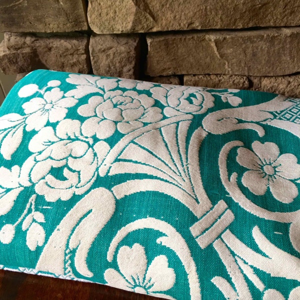 Jacquard Woven Cotton Tablecloth or Coverlet, Turquoise and White,