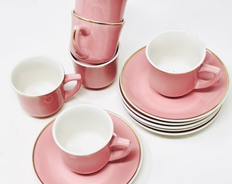 Syracuse China, Espresso Cup and Saucer, Pink with Gold Trim, Restaurant Ware, New York, 1951