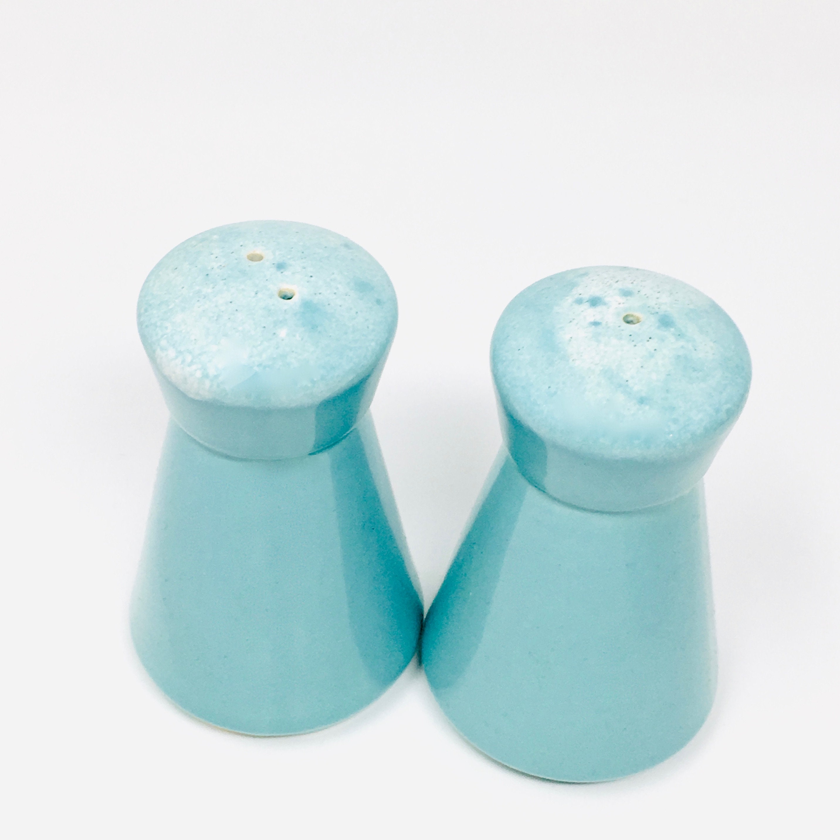 Hull Pottery Salt and Pepper Shakers, Turquoise Blue With White