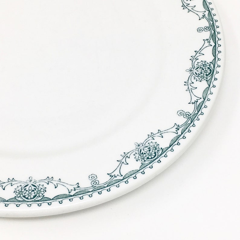 Może przedstawiać: Biały talerz ceramiczny z zielonym wzorem kwiatowym na brzegu. Talerz ma falisty brzeg i podwyższony rant.