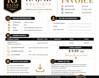 Editable Digital Invoice Template | Black Gold Business Receipt (Instant Download)