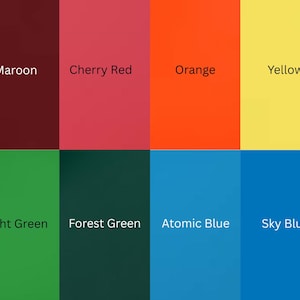 May include: A color palette featuring eight solid color swatches. The colors include maroon, cherry red, orange, yellow, light green, forest green, atomic blue, and sky blue. Each color is labeled with its name in white text.