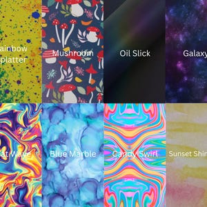 May include: A collection of colorful patterned designs. The designs include a yellow background with rainbow splatter, a navy blue mushroom pattern, an oil slick effect, a galaxy design, a heat wave pattern, a blue marble design, a candy swirl pattern, and a sunset shimmer pattern.
