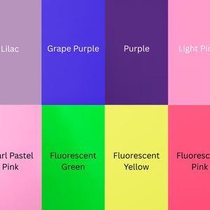 May include: A color palette featuring eight distinct color swatches. The colors include Lilac, Grape Purple, Purple, Light Pink, Pearl Pastel Pink, Fluorescent Green, Fluorescent Yellow, and Fluorescent Pink. Each color is labeled with its name in white text.