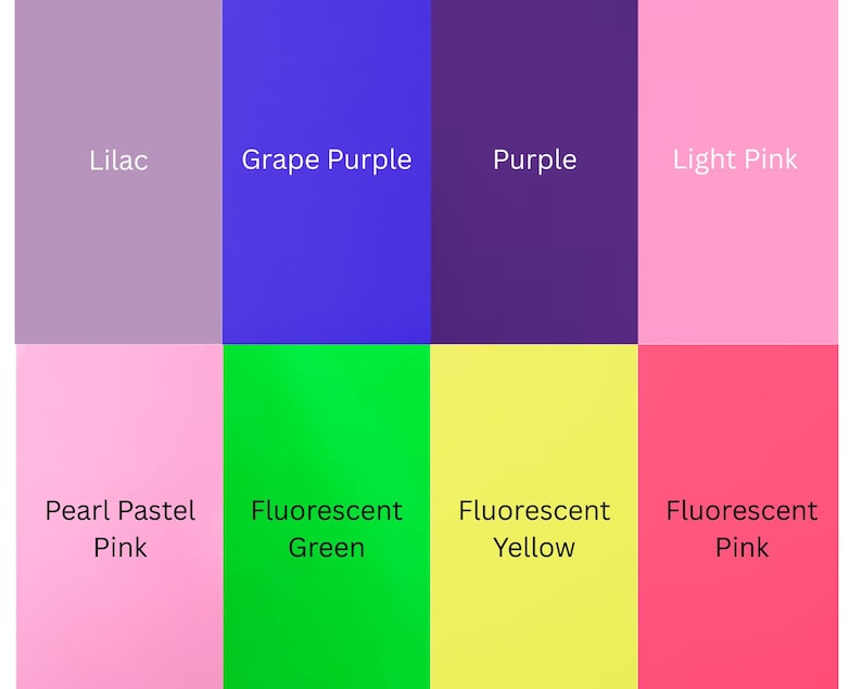 May include: A color palette featuring eight distinct color swatches. The colors include Lilac, Grape Purple, Purple, Light Pink, Pearl Pastel Pink, Fluorescent Green, Fluorescent Yellow, and Fluorescent Pink. Each color is labeled with its name in white text.