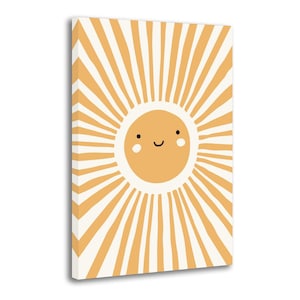 Peut inclure: Une toile murale rectangulaire représentant un soleil jaune central avec un visage souriant dessiné à la main. Le soleil possède deux petits points noirs pour les yeux, une ligne noire incurvée pour la bouche et deux joues circulaires blanches, entouré de rayons jaunes et blancs.