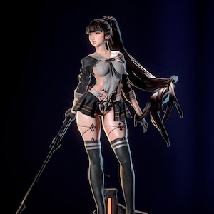 May include: A detailed figurine of a female character in a school uniform, featuring a black and gray color scheme. The figure is posed with a weapon, and the base has a futuristic design. The character has long black hair and is wearing thigh-high stockings.