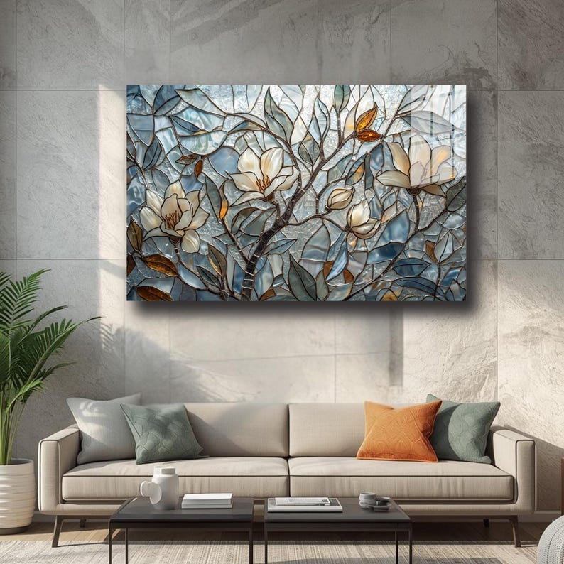 Floral Tempered Glass Wall Art Elegant Magnolia Botanical Stained Glass ...