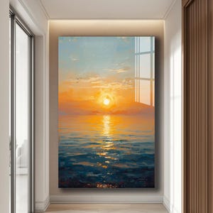 May include: A vertical painting depicting a sunset over the sea. The sky shifts from pale blue to orange, with the sun's reflection on the water. The water is a blend of blue and orange tones, with a few birds in the sky.