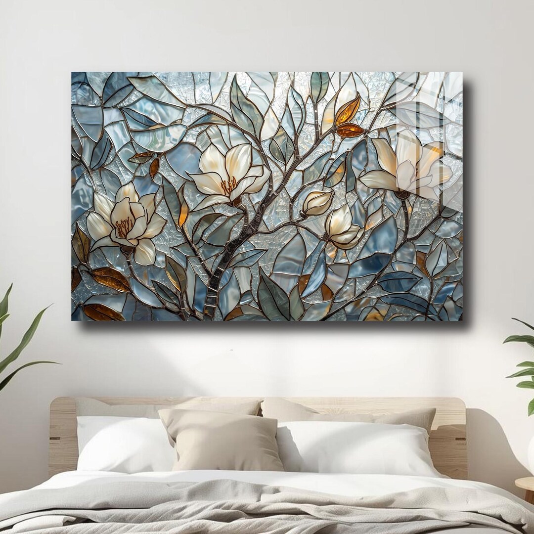 Floral Tempered Glass Wall Art Elegant Magnolia Botanical Stained Glass ...