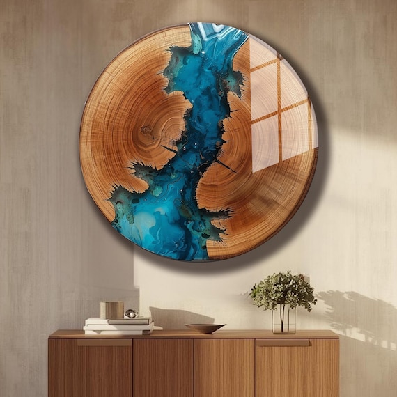 Wood Epoxy River Tempered Glass Wall Art Blue Resin Abstract