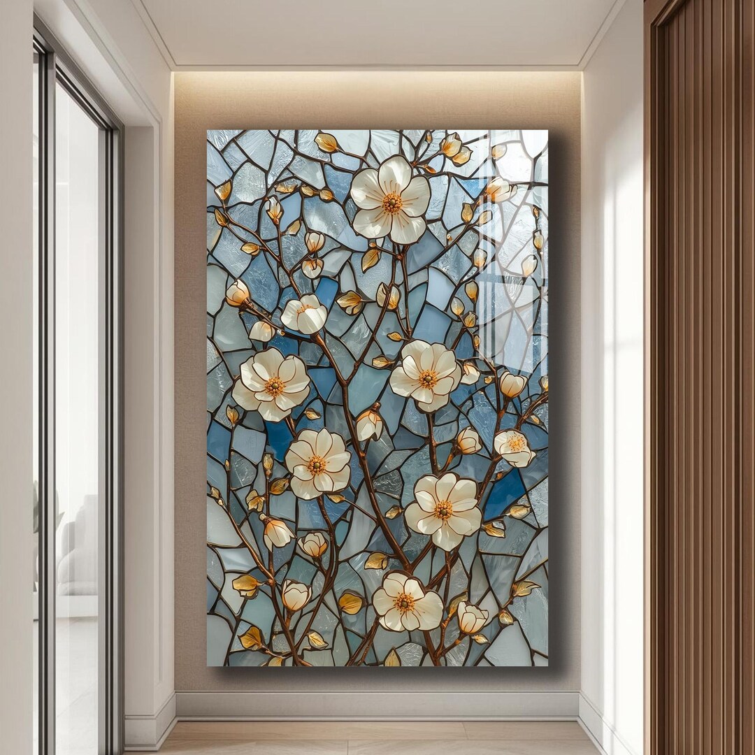 Floral Stained Glass Tempered Glass Wall Art Botanical Elegant Design ...