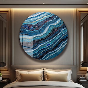 Blauwe golf mozaïek abstracte kunst aan de muur gehard glas rond oceaangeïnspireerd decor