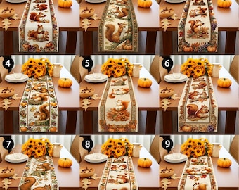 Fall Squirrel Table Runner, Autumn Woodland Decor, Pumpkin Harvest Table Runner, Rustic Farmhouse Dining Decor, Fine Dense Linen
