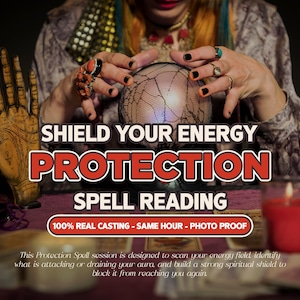 May include: A crystal ball with a cracked texture sits behind text that reads SHIELD YOUR ENERGY PROTECTION SPELL READING 100% REAL CASTING - SAME HOUR - PHOTO PROOF. A palmistry hand model, tarot cards, and a red candle are visible in the scene.