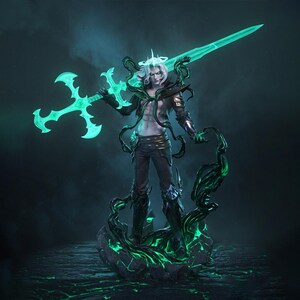 Estatua y busto del Monarca de las Sombras Épico (Fanart) en formato STL / Escala 1/6 / Rey Caído de la Oscuridad con Espada Maldita / Descarga del modelo para impresión 3D en formato STL