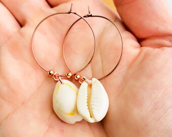 Cowrie Shell Hoop Earrings: Antique Copper Beaded Hoops