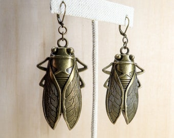 Antique Brass Cicada Earrings | Pewter Nature Insect, Nickel Free