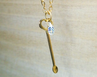 Mini Heart Spoon Charm Necklace in Gold or Silver Tones with or without Swarovski Crystal Drop