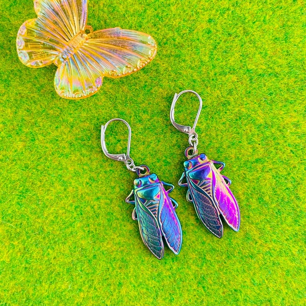 Iridescent Metallic Baby Cicada Earrings, Hypoallergenic Ear Hooks.