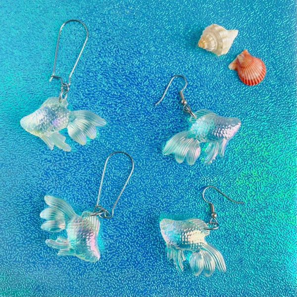 Goldfish Earrings: Iridescent & Translucent with Hypoallergenic Ear Hooks in Light Green Tone