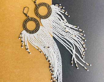 Extra Large Boho White Seed Bead Fringe Earrings, Bronze Hoop Statement Jewelry