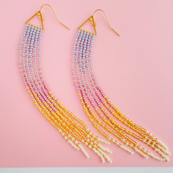 Sugar Blossom Shoulder Duster Earrings, Seed Bead Fringe, Pastel Ombre, Boho Gift for Her
