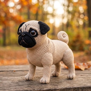 May include: A crocheted pug dog figurine with a tan body, black ears, and a black muzzle. The pug is standing on a wooden surface with a blurred autumn background of trees and leaves. The dog has a curled tail.
