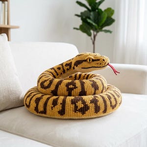 Puede incluir: Una serpiente de peluche enroscada, en tonos amarillos y marrones, descansando sobre un sof&aacute; blanco. La serpiente tiene una cabeza detallada con ojos amarillos y una lengua roja. El dise&ntilde;o presenta rayas marrones oscuras.