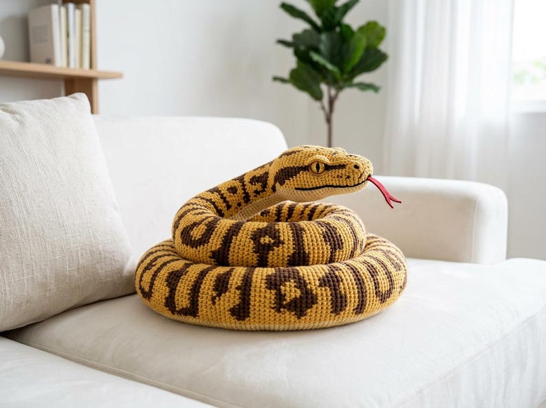 Puede incluir: Una serpiente de peluche enroscada, en tonos amarillos y marrones, descansando sobre un sof&aacute; blanco. La serpiente tiene una cabeza detallada con ojos amarillos y una lengua roja. El dise&ntilde;o presenta rayas marrones oscuras.