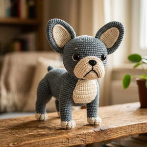 May include: A handmade crochet dog figurine in a French Bulldog style. The dog is primarily blue-gray with cream-colored accents on the ears, chest, and paws. It has large, floppy ears and a slightly sad expression. The figurine is displayed on a wooden surface.