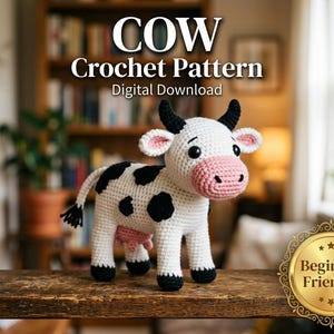 May include: A crocheted cow with a white body, black spots, and a pink face and udder. The cow has black horns and is standing on a wooden surface. Text at the top reads "COW Crochet Pattern Digital Download". A gold badge says "Beginner Friendly".