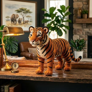 Può includere: Figurina di tigre all'uncinetto, con strisce arancioni e nere. La tigre è posizionata su una superficie di legno, con un volto dettagliato e caratteristiche realistiche. Questo oggetto decorativo è adatto per l'arredamento della casa o come regalo, misurato in cm.