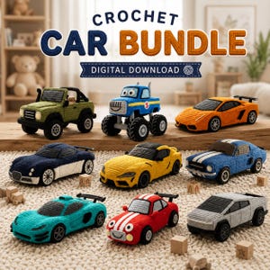 Può includere: Una collezione di nove macchinine giocattolo realizzate all'uncinetto in vari colori e stili, tra cui un fuoristrada verde, un monster truck blu, un'auto sportiva arancione e un pickup argentato, con il testo CROCHET CAR BUNDLE DIGITAL DOWNLOAD.
