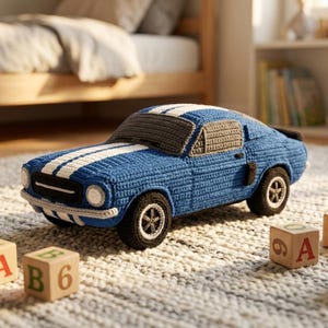 Könnte beinhalten: Ein blaues, gehäkeltes Spielzeugauto mit zwei weißen Rennstreifen auf Motorhaube und Dach, einer grauen Windschutzscheibe, schwarzen Reifen mit weißen Felgen und einem schwarzen Heckspoiler. Das Auto steht auf einer strukturierten Fläche neben Holzklötzen.