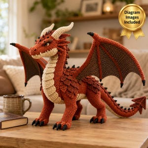 Puede incluir: Un juguete de dragón tejido a ganchillo en tonos rojo óxido y crema con alas marrón oscuro, escamas texturizadas y una cola puntiaguda. El dragón presenta un vientre color crema, cuernos curvados y garras negras. Un sello dorado indica Diagram Images Included.