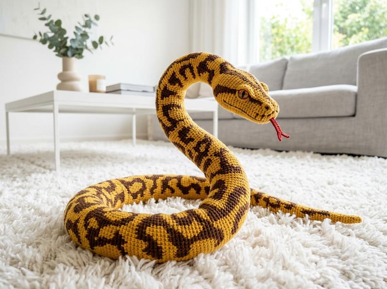 Puede incluir: Una gran serpiente de ganchillo en tonos amarillos y marrones, con un patr&oacute;n detallado. La serpiente tiene una lengua roja y est&aacute; colocada sobre una alfombra blanca y esponjosa. La cabeza de la serpiente est&aacute; levantada y el cuerpo est&aacute; enrollado.