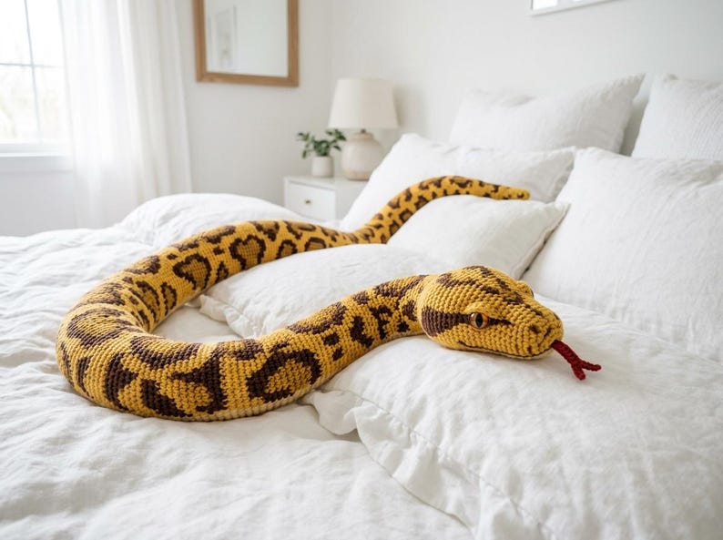Puede incluir: Un gran juguete de peluche con forma de serpiente en tonos amarillos y marrones, que se asemeja a una pit&oacute;n, descansa sobre una cama con ropa de cama blanca. El cuerpo de la serpiente est&aacute; estampado con manchas marrones oscuras, y su cabeza presenta ojos amarillos y una lengua roja.