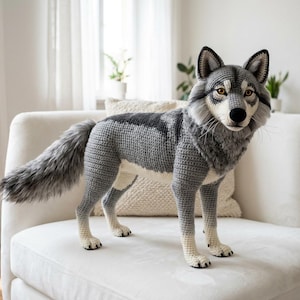 May include: A handcrafted crochet wolf stands on a white sofa. The wolf features gray and white yarn, with a fluffy tail and detailed facial features. The crochet animal is a decorative item.
