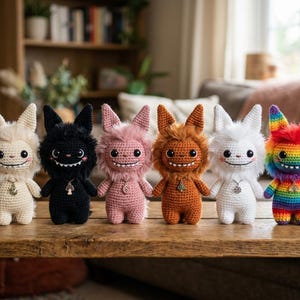 May include: A collection of six handmade crochet monster dolls in various colors, including cream, black, pink, orange, white, and rainbow. Each doll has a unique expression and a small pendant. They are arranged on a wooden table.