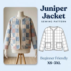 May include: A quilted jacket featuring a patchwork design of blue, cream, and muted red floral and striped fabric squares. The jacket has a collarless neckline, long sleeves, and two front patch pockets. Includes a line drawing sewing pattern.