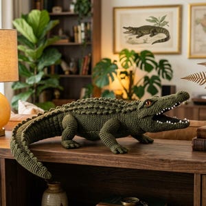 May include: A large, olive green crocheted alligator figurine with an open mouth and visible white teeth. The alligator has orange eyes and is displayed on a wooden surface. The figurine is a decorative item.