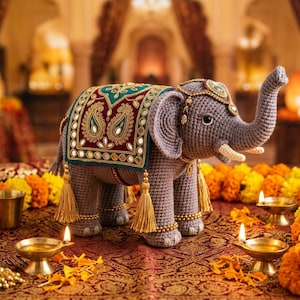 Könnte beinhalten: Eine graue gehäkelte Elefantenfigur mit einer aufwendigen, bestickten Satteldecke. Der Elefant ist mit goldenen Quasten und Schmuck verziert. Die Szene ist mit Kerzen und orangefarbenen und gelben Blumen dekoriert und schafft eine festliche Atmosphäre.