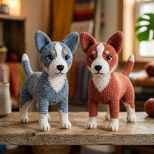 Puede incluir: Dos figuras de perro de ganchillo, una azul y otra color óxido, están una al lado de la otra sobre una superficie de madera. Los perros tienen marcas blancas en la cara y las patas, con ojos y nariz negros. Son hechos a mano y parecen ser artículos decorativos.