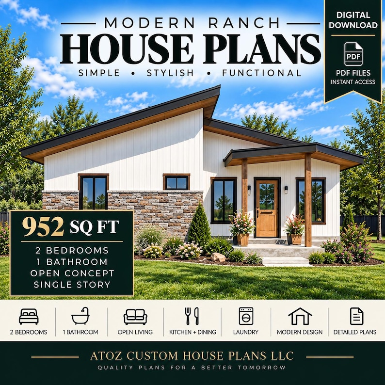 Modern Ranch House Plan | 2 Bed, 1 Bath, 952 Sq Ft (digital PDF) - Etsy