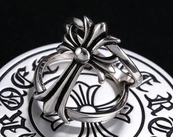 CH-style cross open ring, 925 sterling silver gothic adjustable ring, punk biker style unique ring, unisex, a gift for men.