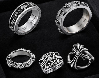 925 Sterling Silver Gothic Cross Ring, CH Punk Motorcycle Ring, Unisex, Vintage Rugged and Unique Ring, Birthday Gothic Design Jewelry